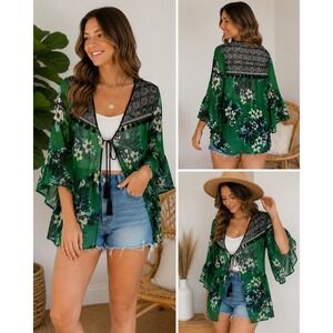 Tru Self Womens Green Tropical Floral Boho Pom Pom Tie Front Kimono Cardigan S‎